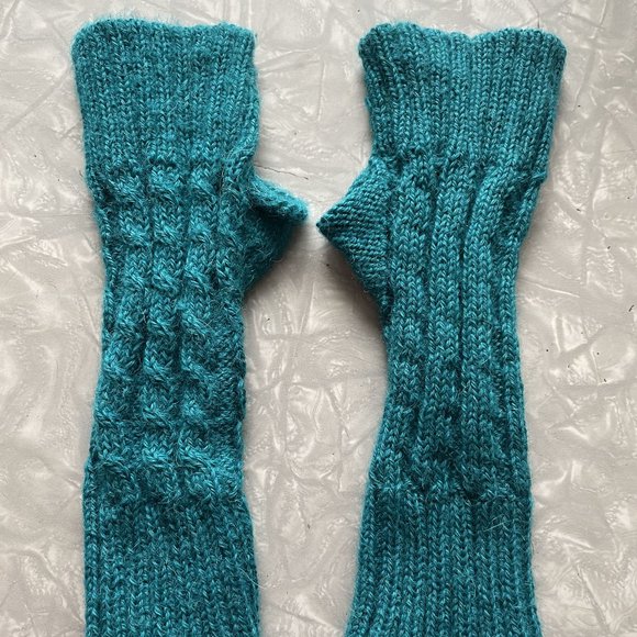 Hand knitted fingerless gloves arm warmers turquoise - Picture 1 of 4